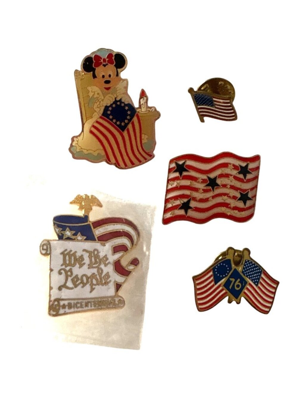 Set Of 5 Patriotic Enamel Pins With Flags Bicentennial & Minnie Mouse Theme
